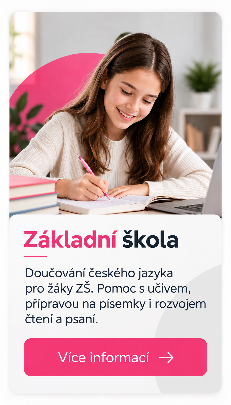 Doučování českého jazyka pro žáky základní školy – individuální výuka, procvičování učiva a příprava na písemné práce.